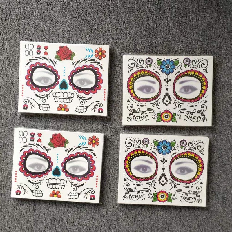 MANGOIT Halloween Face Tattoo Day of the Dead Tattoos Sugar Skull Water Transfer Stickers(5 PACK) with Floral Red Rose Black Web Fake Face Mask Tattoo for Mexican Halloween Parties Favor Supplies, Masquerade - Image 3